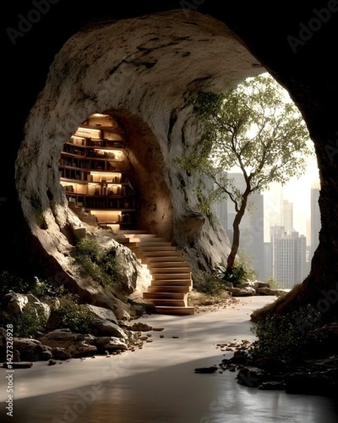 Obraz Library within a hollowed-out ancient tree, with wooden spiral staircase and glowing books. Light filters through the leaves, evoking calm and imagination—ideal for fantasy or nature-inspired designs.