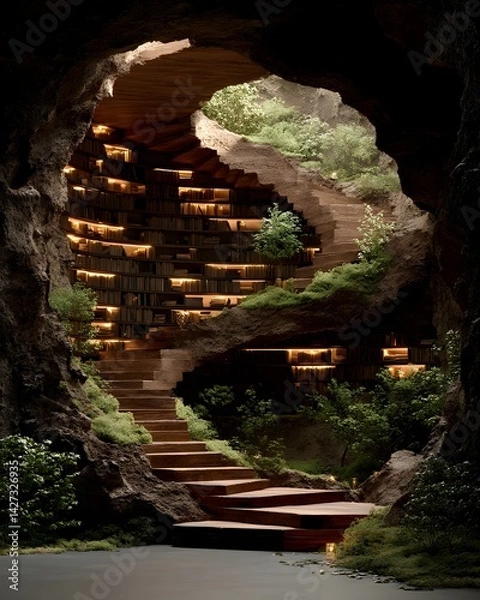 Obraz Library within a hollowed-out ancient tree, with wooden spiral staircase and glowing books. Light filters through the leaves, evoking calm and imagination—ideal for fantasy or nature-inspired designs.