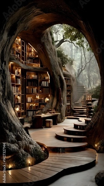 Obraz Library within a hollowed-out ancient tree, with wooden spiral staircase and glowing books. Light filters through the leaves, evoking calm and imagination—ideal for fantasy or nature-inspired designs.