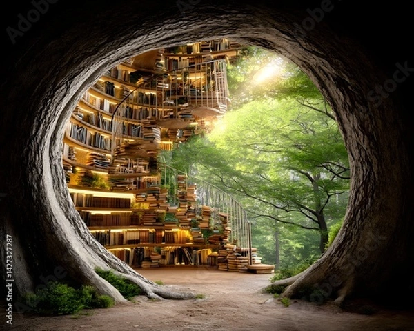 Obraz Library within a hollowed-out ancient tree, with wooden spiral staircase and glowing books. Light filters through the leaves, evoking calm and imagination—ideal for fantasy or nature-inspired designs.