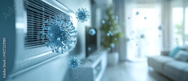 Fototapeta Virus particles circulating through air conditioning in bright indoor setting with macro focus