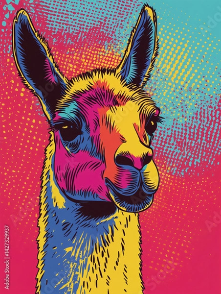 Fototapeta Colorful llama portrait in pop art style against vibrant background  