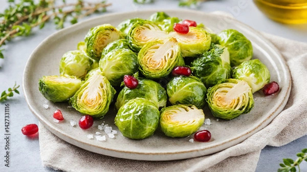 Fototapeta Fresh Brussels sprouts with pomegranate garnishing on plate  