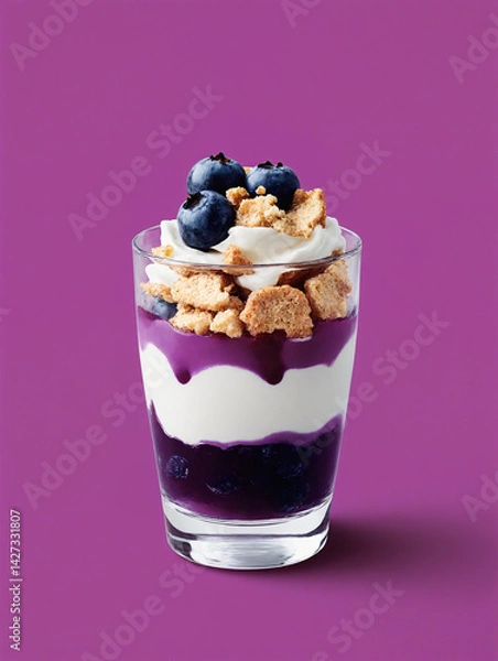 Fototapeta Sweet berry parfait layered with yogurt and granola against purple background  