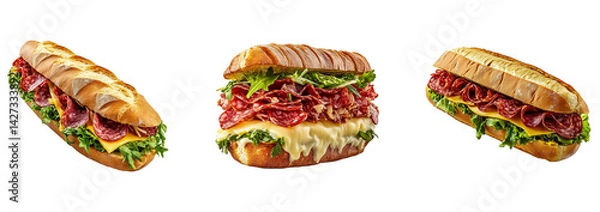 Fototapeta Set of Rigid Subway Sandwiches with Salami, Cheese & Lettuce Isolated on Transparent Background, PNG, Cutout