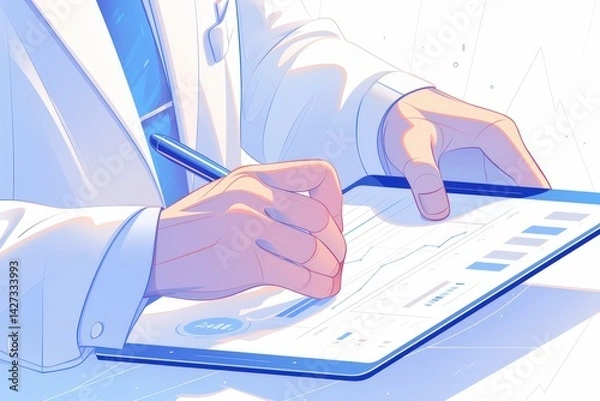 Fototapeta A doctor analyzes charts and writes on a clipboard with a pen