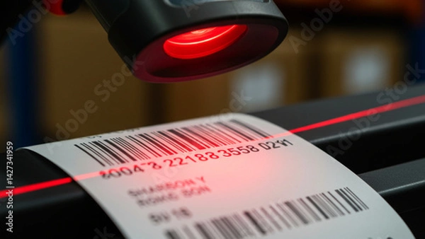 Obraz Macro of Barcode Scanner Reading Package Label
