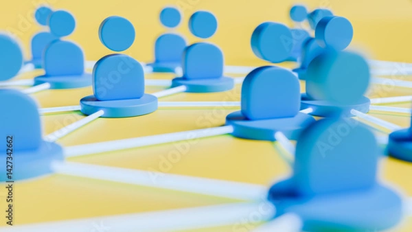 Obraz Blue icons representing people, communication and information network theme, 3D illustration