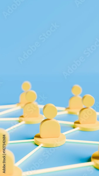 Obraz 3D illustration of yellow icons representing people connected in a work network, vertical image