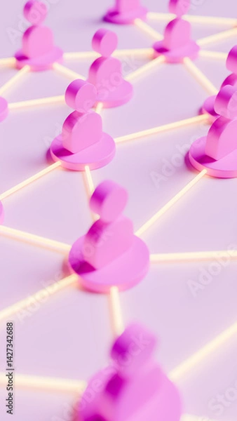 Obraz Purple stage with icons of people connected in a work network, communication theme, 3D illustration