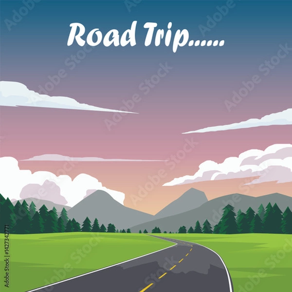 Fototapeta Vector poster of square Road Trip. Winding asphalt road with a yellow center line. Passing through a vibrant green landscape with pine trees. Mountains under a evening sky with fluffy white clouds.