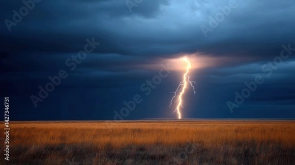 Obraz Dramatic lightning strikes over a vast landscape.
