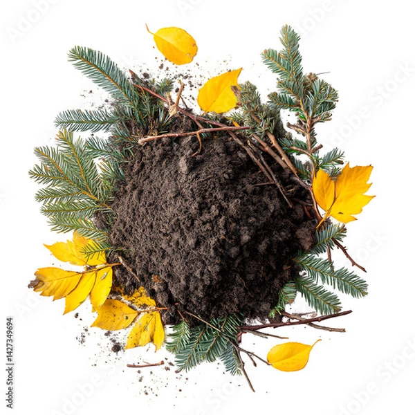 Fototapeta Pile of soil, twigs of wood, branches and conifer yellow leaves, needles isolated on white background and texture, top view --v 7.0