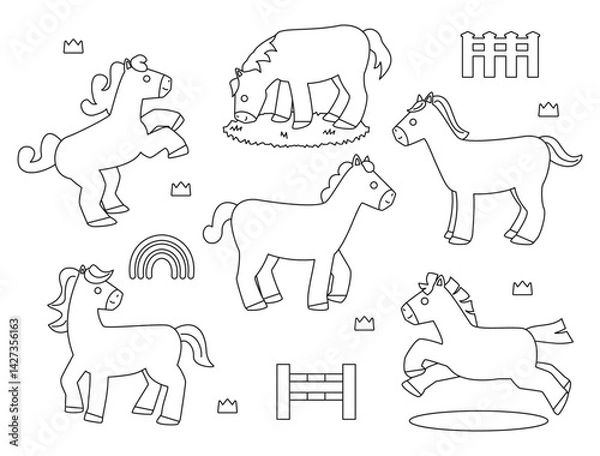 Fototapeta いろいろな動きをする可愛い馬のイラストのセット　線画バージョン