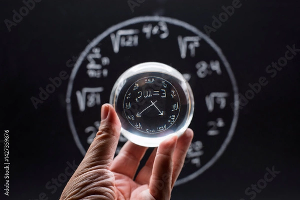 Obraz Mano con una bola de cristal delante de una pizarra con un reloj matemático dibujado con tiza