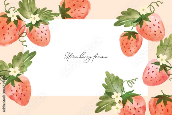 Fototapeta Strawberry watercolor frame background. Sweet strawberry in frame. Vector illustration. Strawberry pattern. Fruit berry background. Summer fruit texture