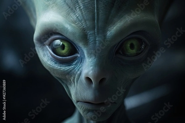 Fototapeta Close-up of alien face with large green eyes. Extraterrestrial life concept. Science fiction creature portrait. Mysterious otherworldly being. UFO encounter illustration.