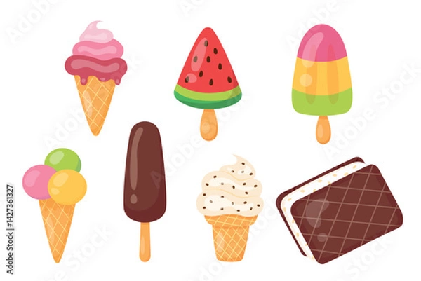Fototapeta Collection of colorful variations of ice cream.  Vector set of illustrations