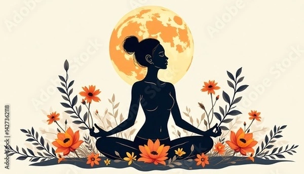 Fototapeta Celestial Harmony: A serene silhouette of a woman in a meditative pose against a radiant moon, framed by an enchanting array of blossoming plants and flowers, symbolizing inner peace and tranquility.