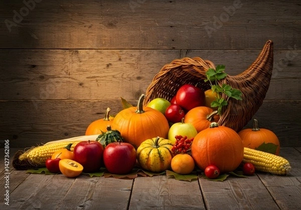 Fototapeta Thanksgiving Harvest Cornucopia Pumpkins, Apples, Corn, Wooden Background - Festive Food Image.