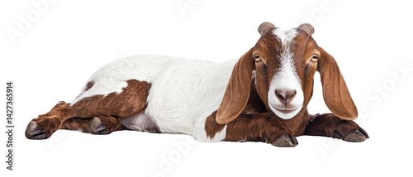 Fototapeta A relaxed goat resting in a tranquil setting.