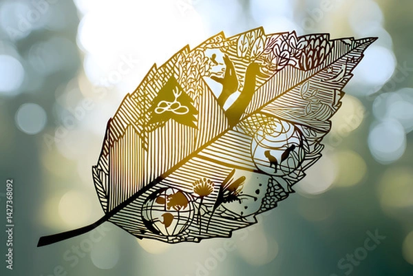 Fototapeta Leaf with Conservation Icons: Minimalist Design