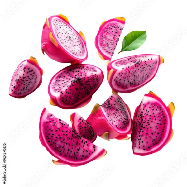 Fototapeta Pink Dragon Fruit Slices Falling Isolated on Black Background