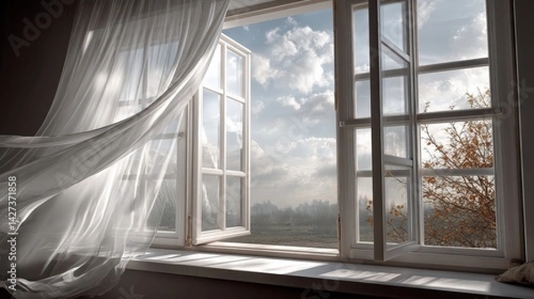 Fototapeta Blowing white curtains open window interior view calm environment natural light realistic photography