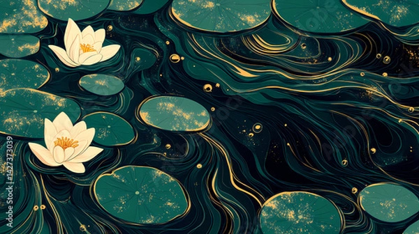 Obraz Isometric shell mosaic aquatic background with ripple waves, lily pads, cattails in jade green and cream gold for infographics or layouts. Hack Lily. Illustration