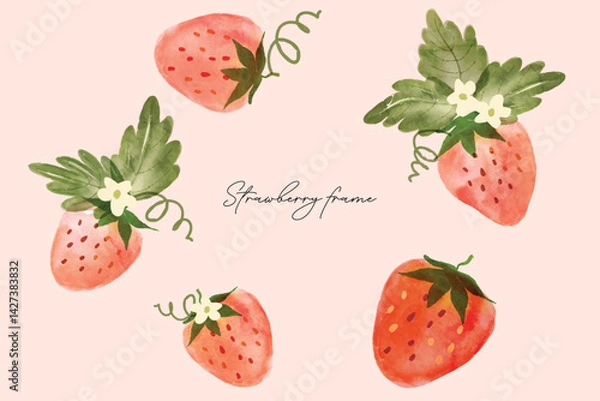 Fototapeta Set of trawberry watercolor art background. Sweet strawberry in frame. Vector illustration. Strawberry pattern. Fruit berry background. Summer fruit texture