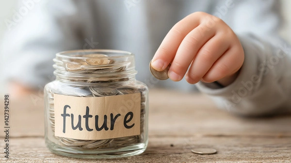 Fototapeta Close up of child putting coin in a savings jar labeled future on wooden table showing concept of financial planning and saving