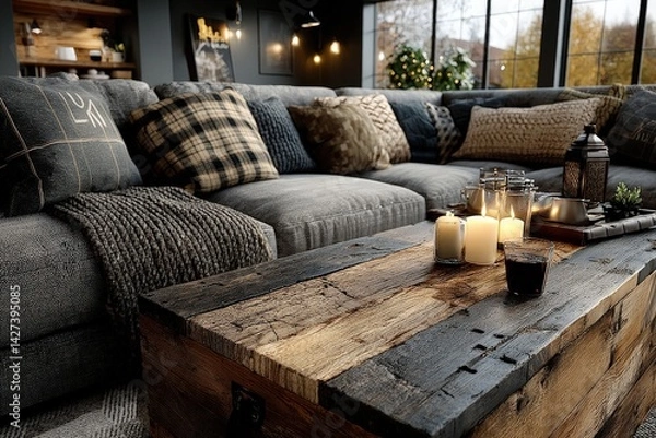 Fototapeta Cozy living room setup with a rustic coffee table and plush cushions