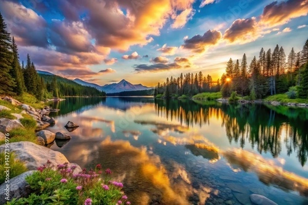 Fototapeta Serene Sunset over Mountain Lake with Colorful Sky Reflection and Blooming Wildflowers