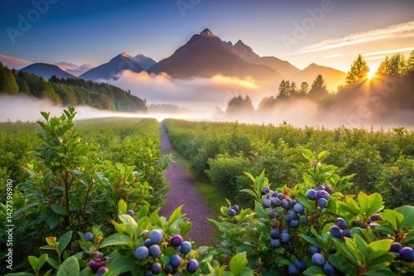 Fototapeta Serene Sunrise Path Through Misty Blueberry Field, Majestic Mountains in the Background