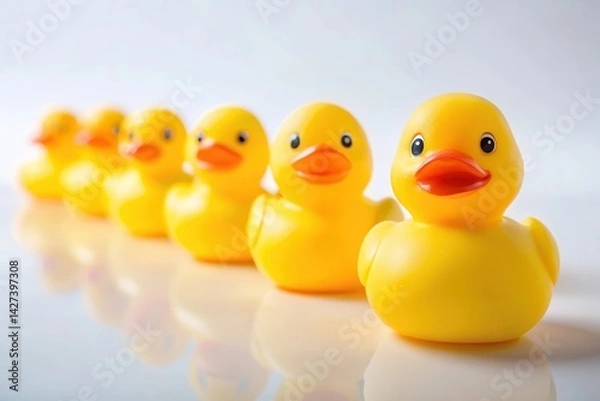 Fototapeta A line of cheerful yellow rubber ducks in a row, playfully awaiting bath time fun.