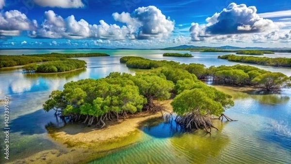 Fototapeta Serene Coastal Mangrove Ecosystem With Lush Green Foliage and Tranquil Waters Under a Vivid Blue Sky