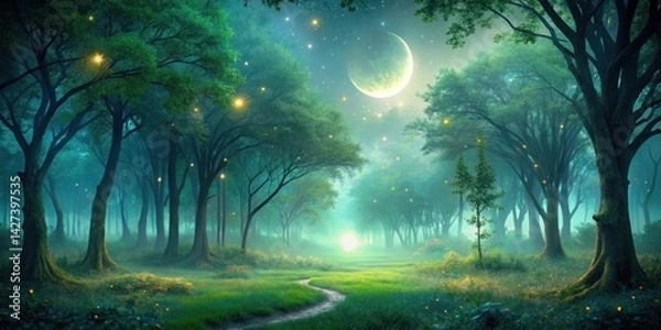 Fototapeta Mystical moonlit forest path, glowing fireflies illuminating a tranquil woodland scene under a crescent moon, evokes serenity and magical ambiance.