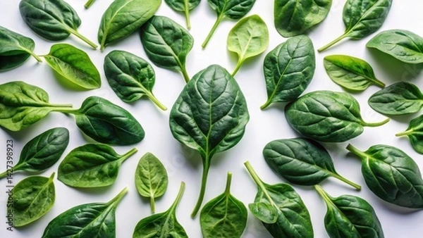 Fototapeta A vibrant arrangement of fresh spinach leaves, meticulously positioned against a clean white backdrop, showcasing the rich green hues and delicate textures of this nutritious leafy green vegetable.