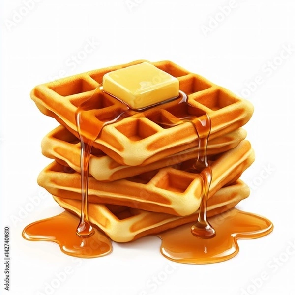 Fototapeta Golden Waffles with Syrup and Butter: A delectable stack of golden waffles, dripping with warm maple syrup and topped with a melting pat of butter, creating a mouthwatering image.