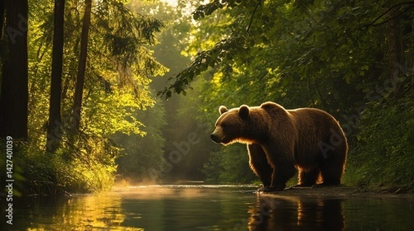 Fototapeta Majestic brown bear by the river a glimpse into untamed wilderness and wildlife conservation in a beautiful forest environment with golden sunlight