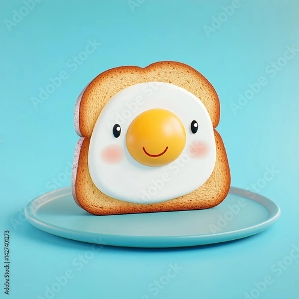 Obraz Cheerful Toast with Egg on Plate: This image features a slice of toast topped with a sunny-side-up egg. The toast and egg are given a cartoonish personality with smiling faces.