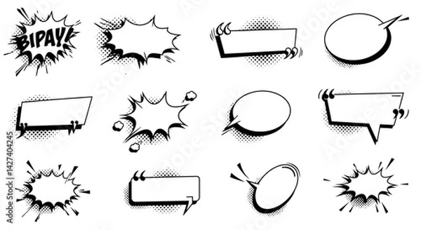 Fototapeta Comic explosion speech bubble vector shapes, speech bubble silhouettes, starburst designs in black. Ideal for graphic design, comic book art, pop art, and digital illustrations
