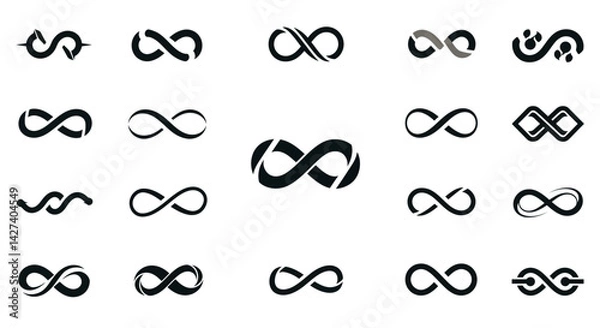 Fototapeta Infinity symbols collection, black infinity vector illustrations on white background. Perfect for logo design, branding, and mathematical representation. Various styles, from classic to artistic