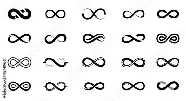 Fototapeta Infinity symbols collection, black infinity vector illustrations on white background. Perfect for logo design, branding, and mathematical representation. Various styles, from classic to artistic