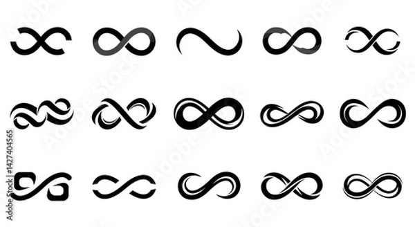 Fototapeta Infinity symbols collection, black infinity vector illustrations on white background. Perfect for logo design, branding, and mathematical representation. Various styles, from classic to artistic