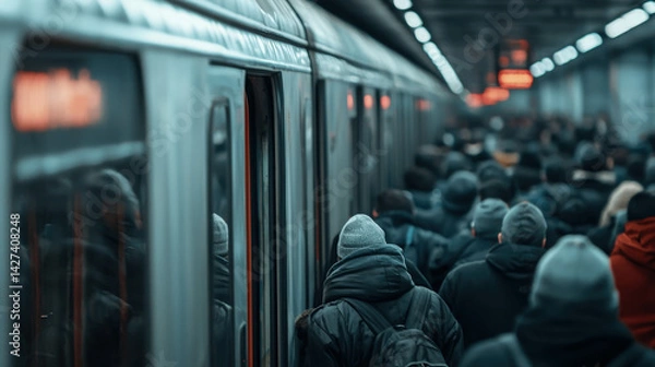 Fototapeta Crowded subway station with commuters waiting for train during evening rush hour