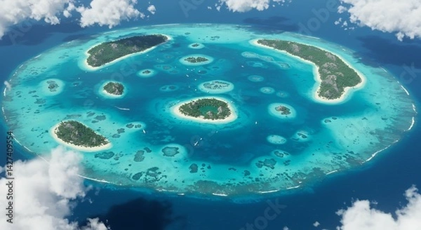 Fototapeta Aerial View of a Tropical Atoll with Numerous Islets and Turquoise Lagoon