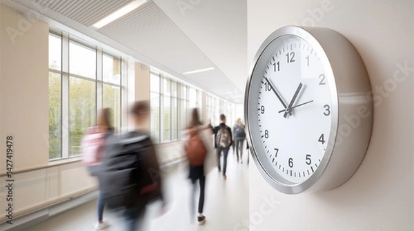 Obraz Students walking in a hallway while a clock shows the time during school hours in a bright, modern building
