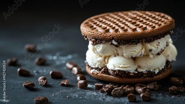 Fototapeta Delicious ice cream sandwich with chocolate waffles and coffee beans