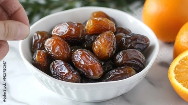 Fototapeta Hand picking medjool dates from a bowl with oranges nearby